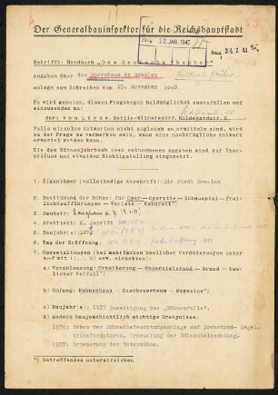 Opernhaus, Breslau: Fragebogen für das Handbuch »Das Deutsche Theater«, vierseitiges Dokument
