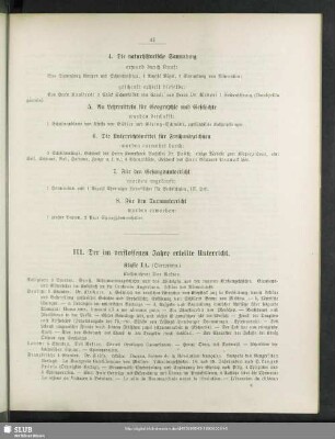 III. Der im verflossenen Schuljahre erteilte Unterricht