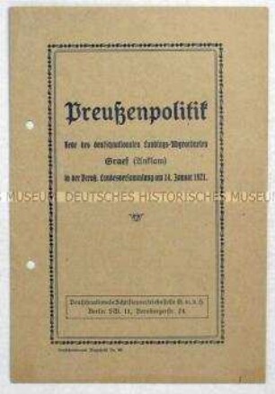 Heft mit dem Wortlaut einer Rede eines DNVP-Abgeordneten vor der Preußischen Landesversammlung am 14. Januar 1921