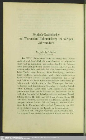 Römisch-Katholisches zu Wermsdorf-Hubertusburg im vorigen Jahrhundert