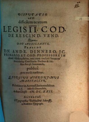Disputatio Ad difficilem textum Legis II. Cod. De Rescind. Vend.