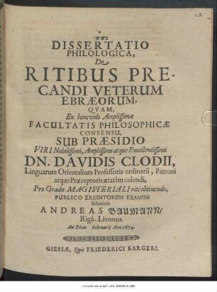 Dissertatio Philologica, De Ritibus Precandi Veterum Ebraeorum