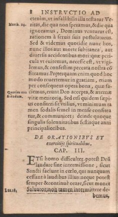 De Orationibus Et exercitiis spiritualibus. Cap. III.