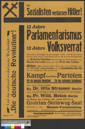 Plakat der Kampfgemeinschaft Revolutionärer Nationalsozialisten (KGRNS) zu einer öffentlichen Versammlung und Kundgebung am 2. Februar 1931 in Braunschweig