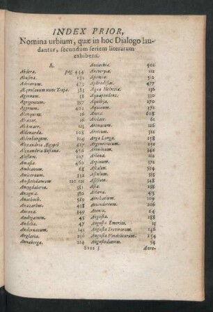 Index Prior, Nimona urbium, quae in hoc Dialogo laudantur, secundum seriem literarum exhibens