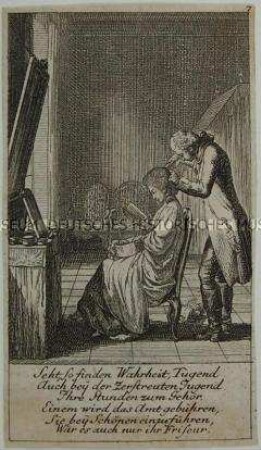 Illustration aus dem Lauenburger genealogischen Kalender von 1780 (7. Blatt), "Seht, so finden Wahrheit, Tugend ..."