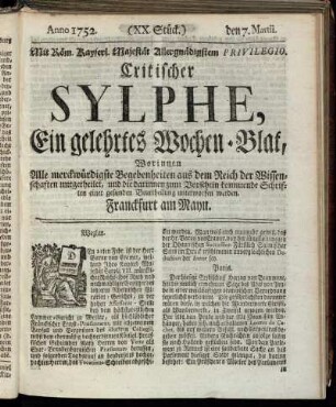 (XX. Stück.) den 7. Martii. Anno 1752.