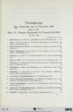 Versteigerung: Nur Donnerstag, den 14. November 1935, Beginn 3 Uhr (Nr. 1-240)