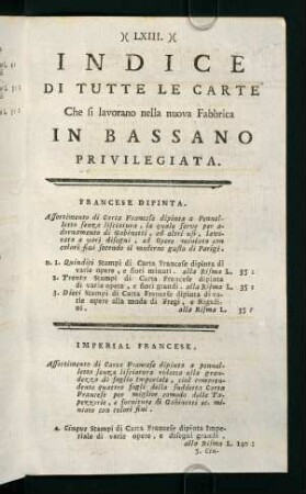 LXIII-LXVIII, Indice di tutte le carte