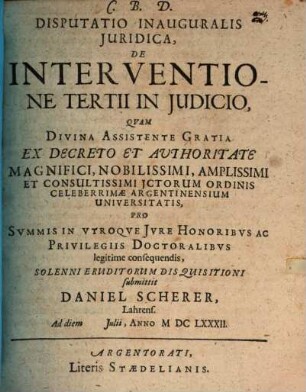 Disp. inaug. iur. de interventione tertii in iudicio