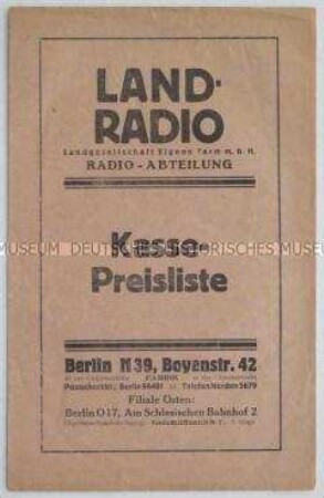 Werbeblatt mit Preisliste für Rundfunkgeräte und -zubehör