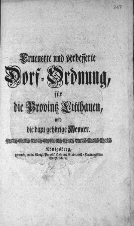 Erneuerte und verbesserte Dorf-Ordnung für die Provinz Litthauen und die dazu gehörige Aemter