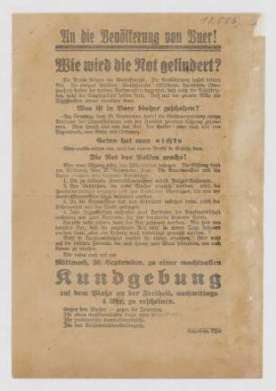 "An die Bevölkerung von Buer! Wie wird die Not gelindert?"