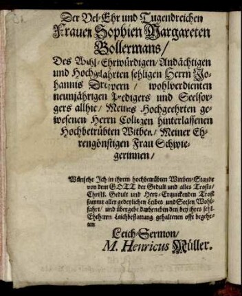 Der Vel-Ehr und Tugendreichen Frauen Sophien Margareten Bollermans [...]