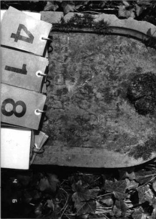 Grabstein 418 (Index: 99792031) Material: Sandstein Zustand: verwittert, Stele liegend Maße HxBxT: 64x37x16 cm Beschreibung: Stele, Spitzbogenabschluß, Schriftfeld eingetieft Symbolik: Blüte: Grabstein 418 (Detailaufnahme)