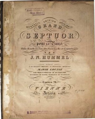 Grand septuor : pour le piano, flûte, hautbois, cor, alto, violoncelle et contrebasse ; oeuvre 74