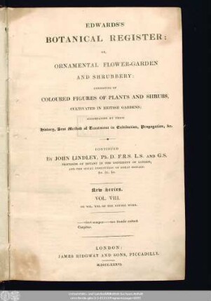 N.S. 8 = 21.1836: Edwards's botanical register, or ornamental flower garden and shrubbery