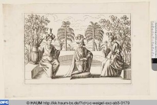 Zwei Frauen und ein Mann mit Federschmuck sitzen in einem Garten