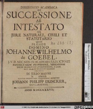Dissertatio Academica De Successione Ab Intestato Ex Jure Naturali, Civili Et Statutario