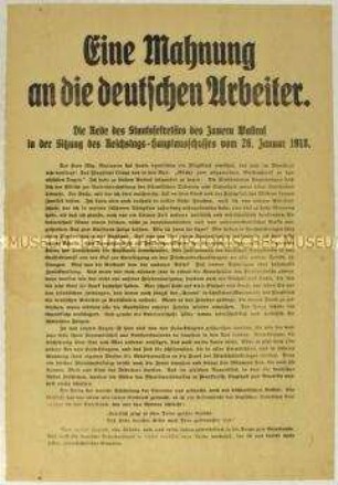 Sonderdruck mit dem Wortlaut einer patriotischen Rede von Staatssekretär Wallraf vor dem Reichstag im Januar 1918