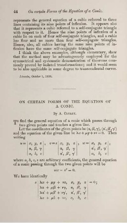 On certain forms of the equations of a conic.