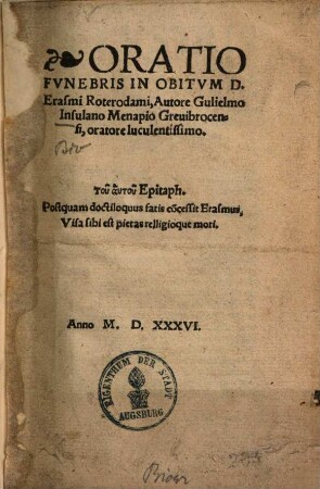 Oratio funebris in obitum D. Erasmi Roterodami