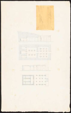Felsentempel von Abu Simbel, Ägypten: Zwei Längsschnitte, zwei Grundrisse, zwei Seitenansichten stehender und sitzender Osiris ?