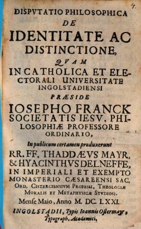 Dispvtatio Philosophica De Identitate Ac Distinctione