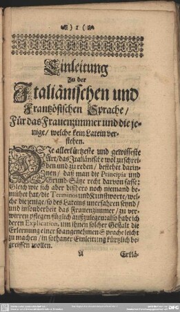 Einleitung Zu der Italiänischen und Frantzösischen Sprache, Für das Frauenzimmer und die jenige, welche kein Latein verstehen