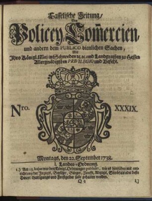 Nro. XXXIX, Montags, den 22. September 1738