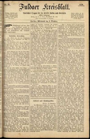 Erste Ausgabe vom Mittwoch, den 01. Oktober 1879.