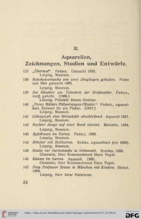 III. Aquarellen, Zeichnungen, Studien und Entwürfe (Nr. 137-318)