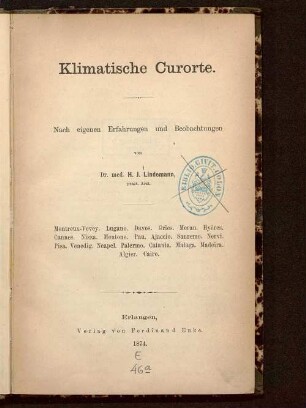 Klimatische Curorte : nach eigenen Erfahrungen und Beobachtungen