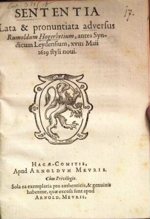 Sententia lata et pronunciata adversus Rumoldum Hogerbetium
