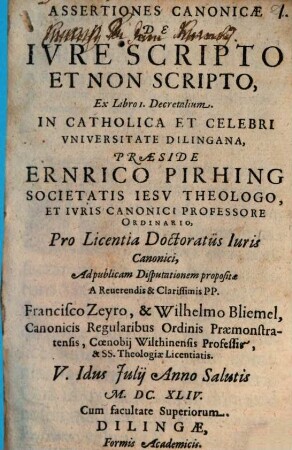 Assertiones Canonicae De Iure Scripto Et Non Scripto, Ex Libro 1. Decretalium