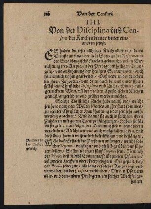 IIII. Von der Disciplina und Censura der Kirchendiener unter einandern selbst.