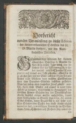 Vorbericht von der Veranlassung zu dieser Edition der kleinen erbaulichen Schriften des sel. D. Martin Luthers, mit den Rambachischen Vorreden