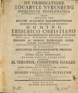De Originatione Vocabvli Nvrenberg Disqvisitio Problematica