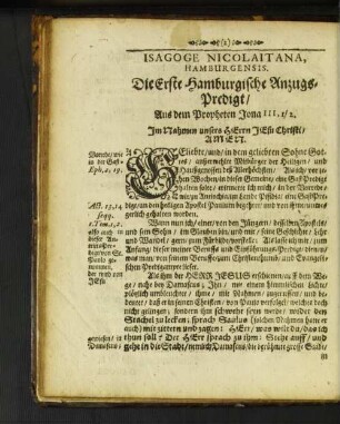 Isagoge Nicolaitana, Hamburgensis. Die Erste Hamburgische Anzugs-Predigt/ ...