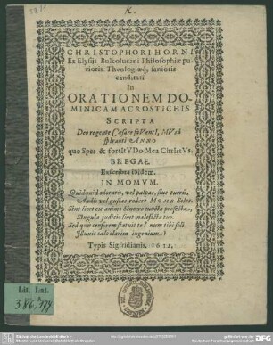 Christophori Horni in orationem dominicam acrostichis scripta