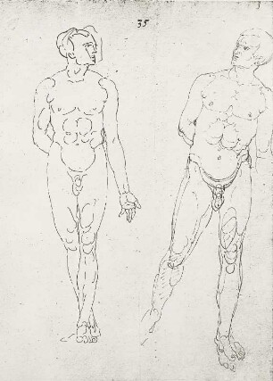 Zwei Männer von vorn : Dresdner Skizzenbuch (1507/1528). Zwei Männer von vorn (aus: R. Bruck: Das Skizzenbuch von Albrecht Dürer, Straßburg 1905, Tafel 54, Blatt 133r, Str. 43, Kriegsverlust). Dresden: SLUB Mscr.Dresd.R.147.f