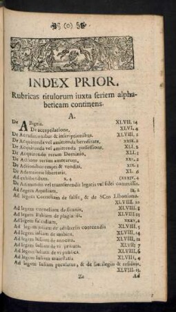 Index Prior. Rubricas titulorum iuxta seriem alphabeticam continens.