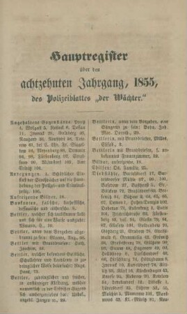 Hauptregister über den achtzehnten Jahrgang, 1855, des Polizeiblattes "der Wächter"