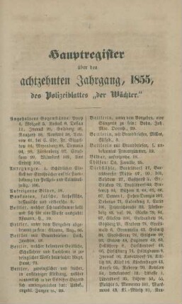 Hauptregister über den achtzehnten Jahrgang, 1855, des Polizeiblattes "der Wächter"