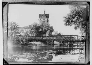 (Neu-)Bau der Eisenbahnbrücke über die Donau Sigmaringen; Blick von der Nepomukbrücke in Richtung Eisenbahnbrücke, im Hintergrund Schloß
