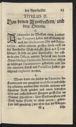 Titulus II. Von denen Apotheckern, und dero Dienern.