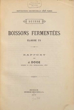 Boissons fermentées Rapport : Exposition Universelle 1878 Paris. Suisse