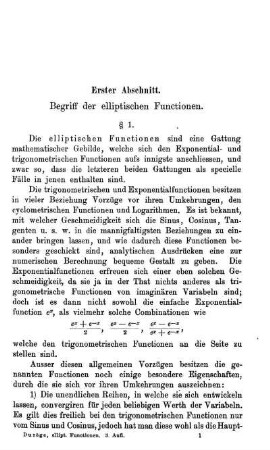 Abschnitt I - III. Begriff der elliptischen Functionen. Von der Periodicität der elliptischen Functionen. Elliptische Integrale.