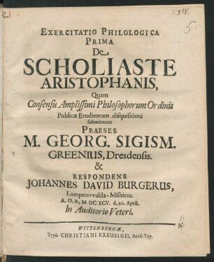 Exercitatio Philologica Prima De Scholiaste Aristophanis