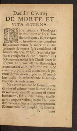 Davidis Chytraei De Morte Et Vita Aeterna.